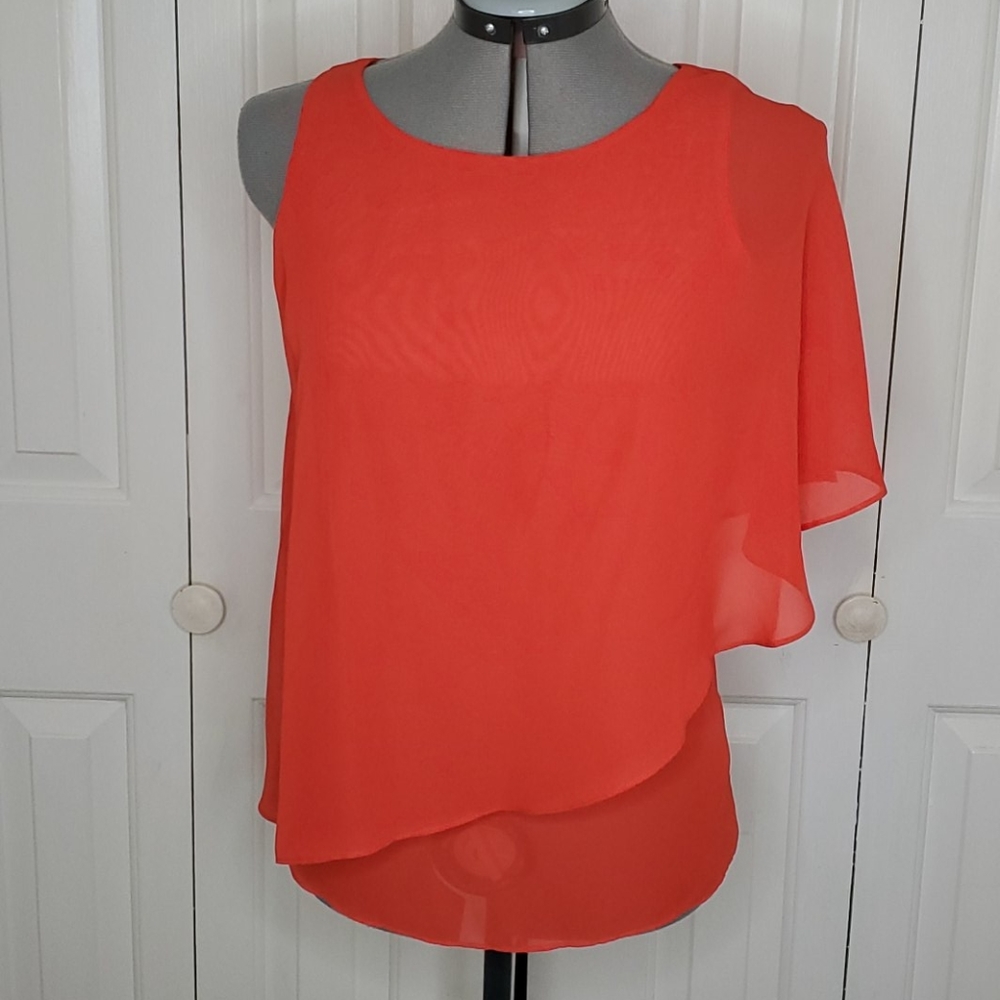 Outback Red Orange Asymmetrical Chiffon Overlay Shell Top